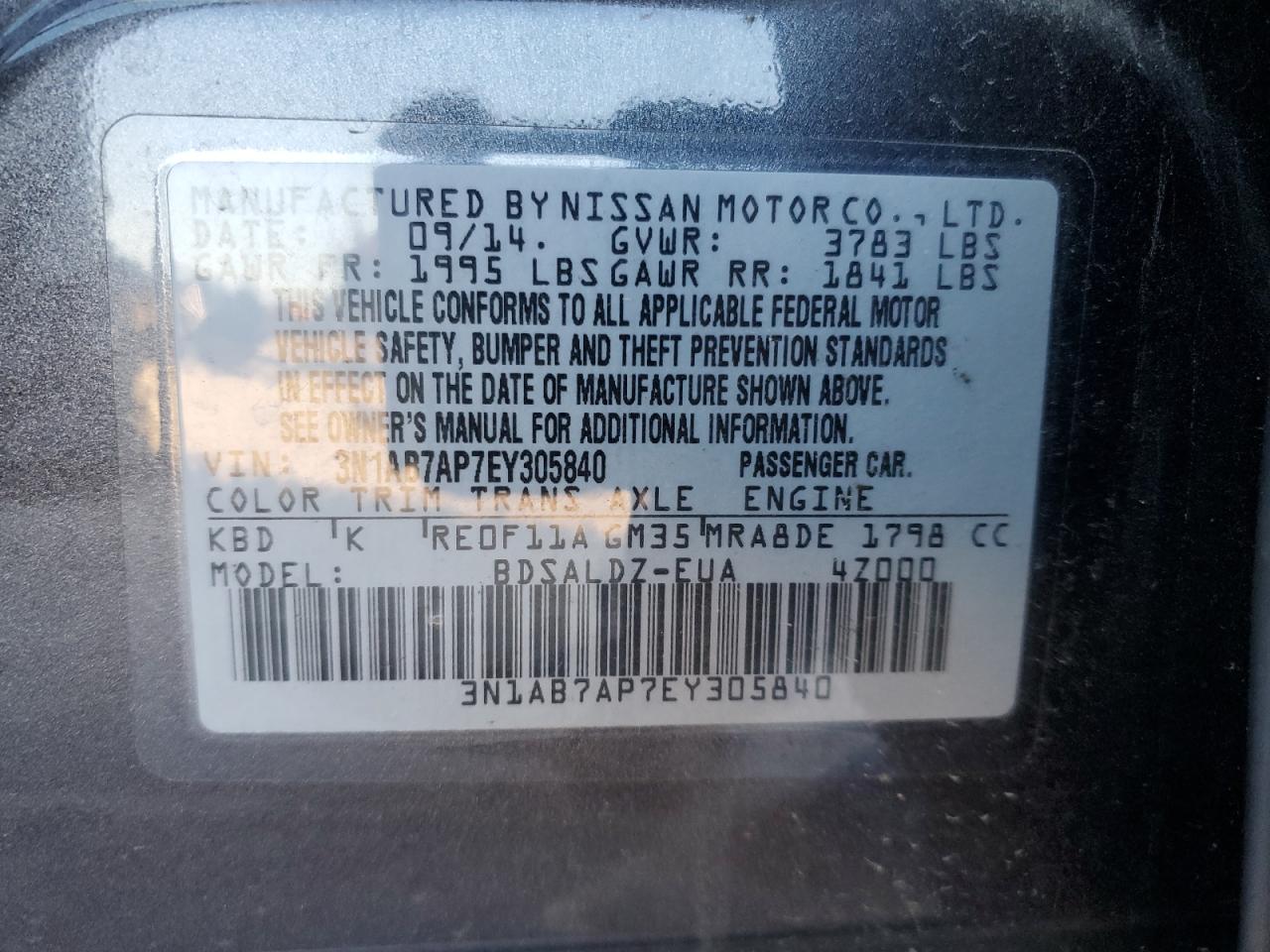 3N1AB7AP7EY305840 2014 Nissan Sentra S