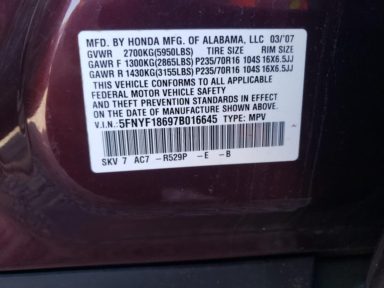 5FNYF18697B016645 2007 Honda Pilot Exl