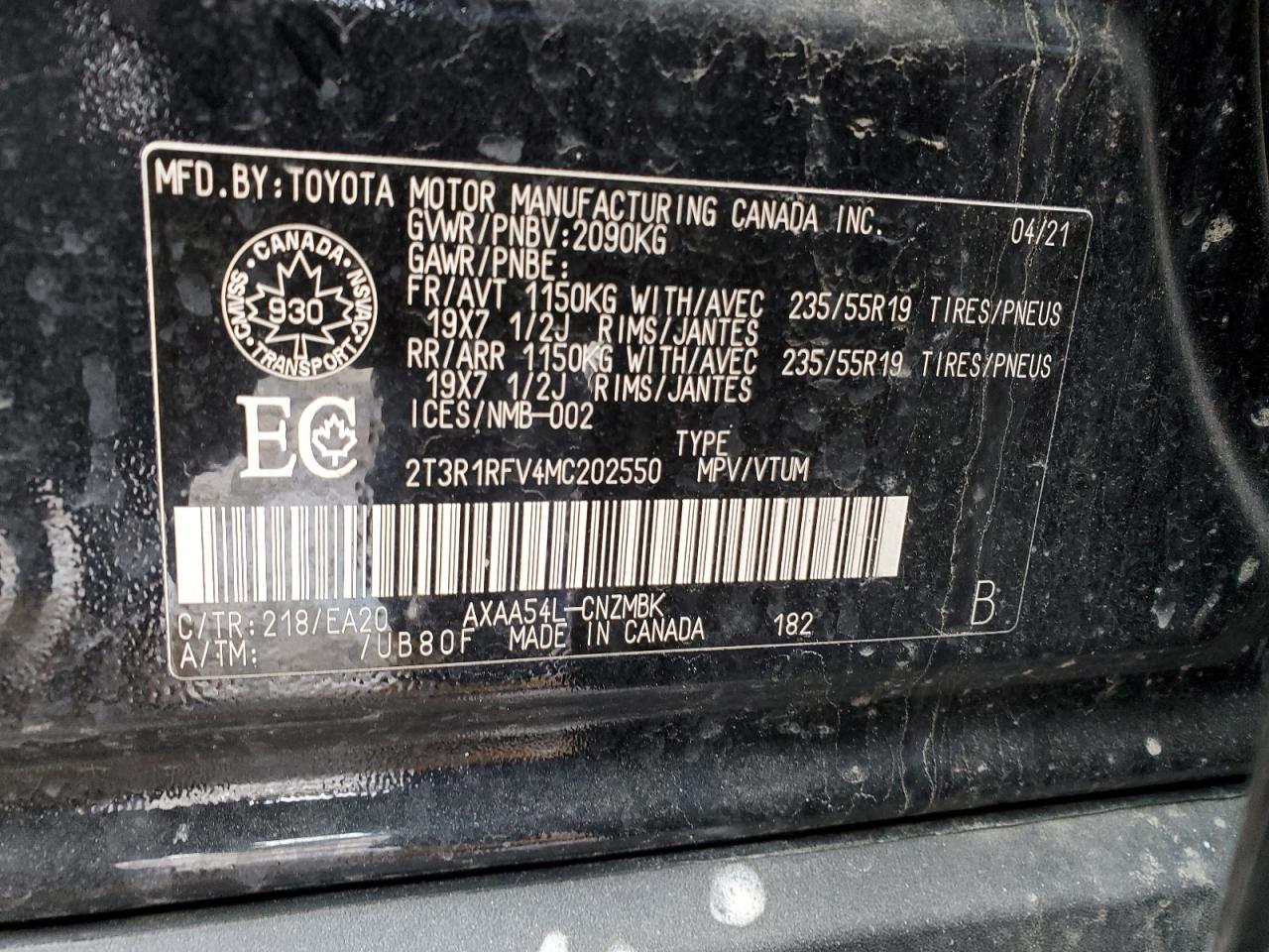 2T3R1RFV4MC202550 2021 Toyota Rav4 Xle