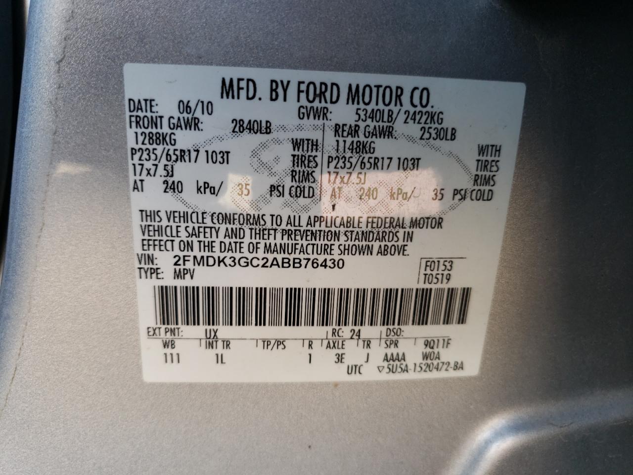 2FMDK3GC2ABB76430 2010 Ford Edge Se