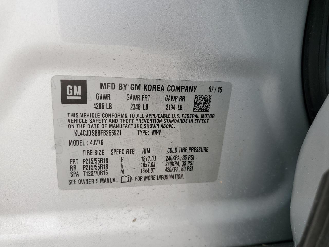 KL4CJDSB8FB265921 2015 Buick Encore Premium