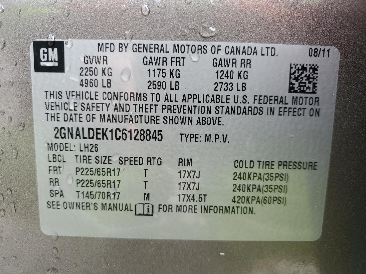2GNALDEK1C6128845 2012 Chevrolet Equinox Lt