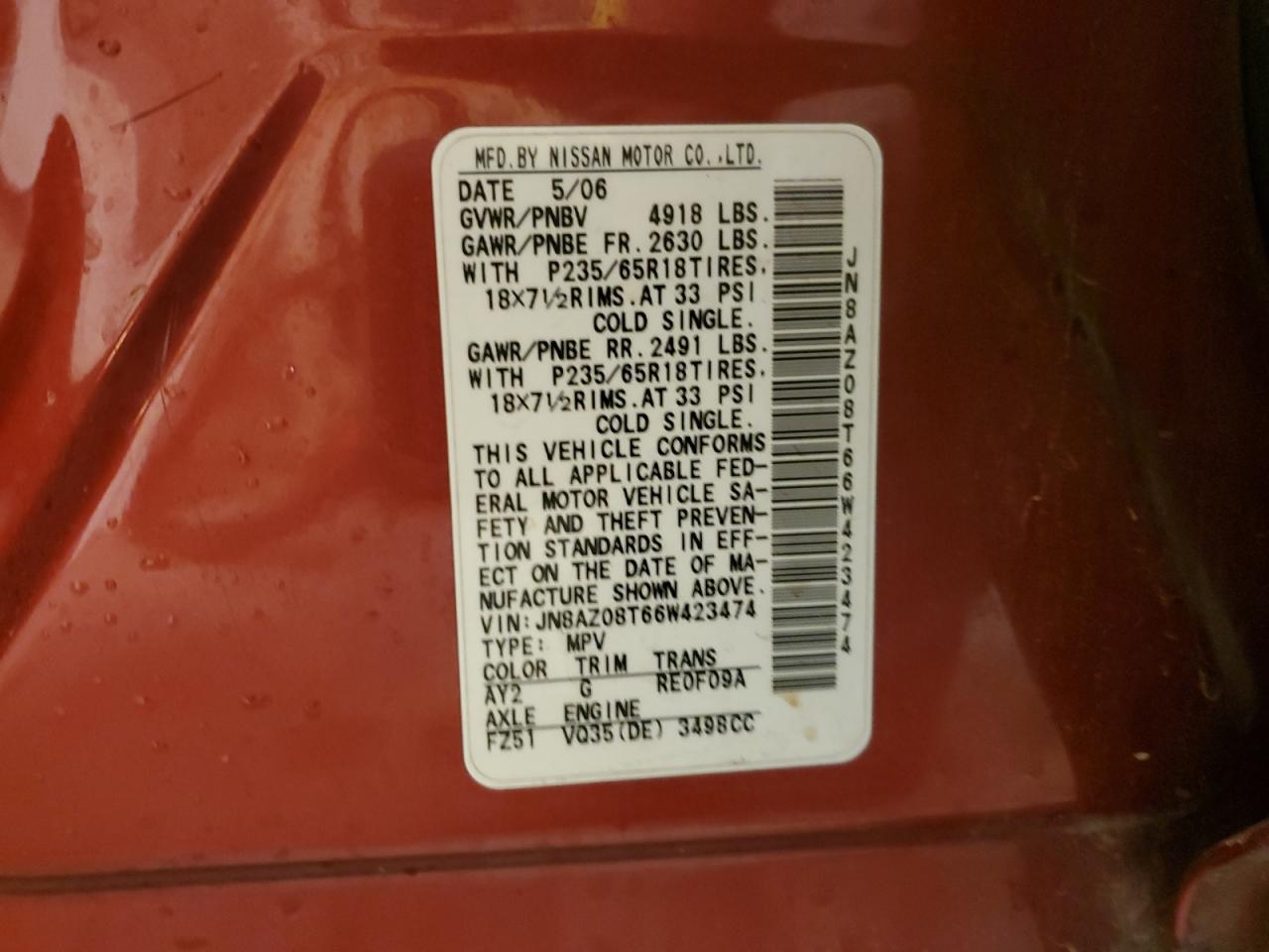 JN8AZ08T66W423474 2006 Nissan Murano Sl