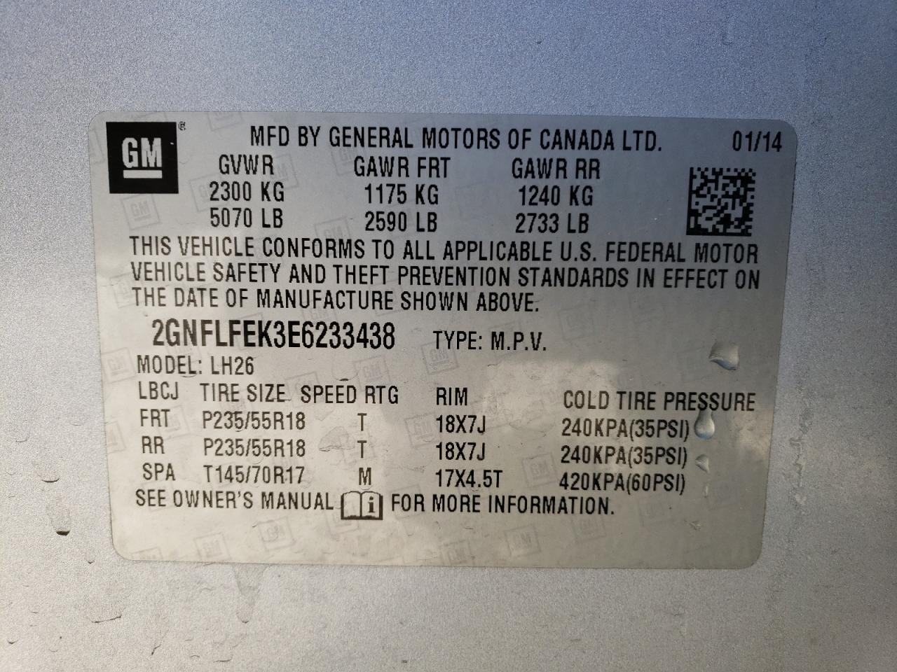 2GNFLFEK3E6233438 2014 Chevrolet Equinox Lt