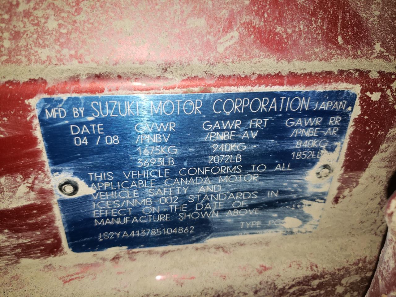 JS2YA413785104862 2008 Suzuki Sx4 Base