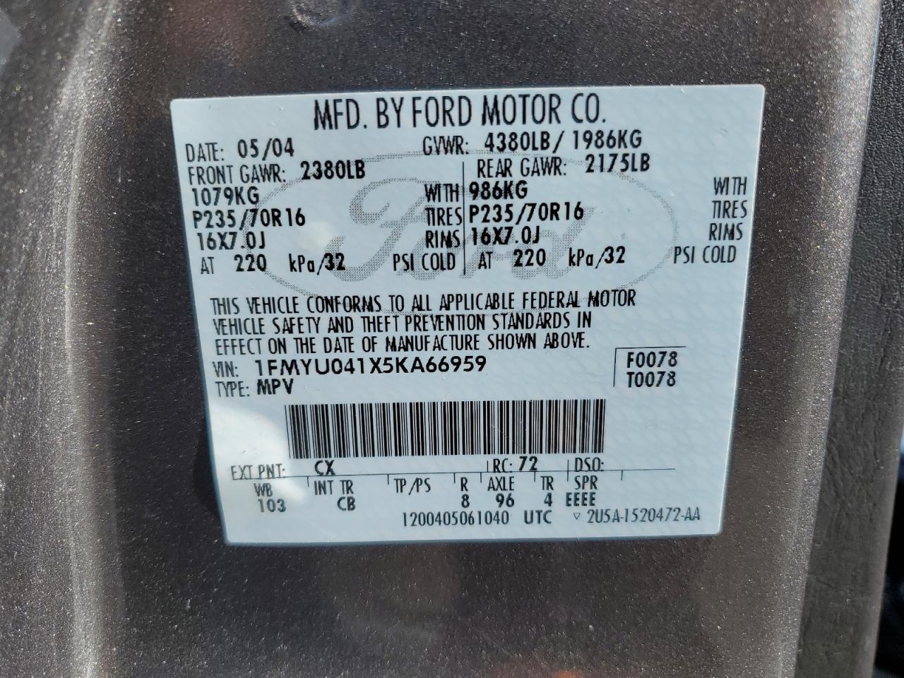 1FMYU041X5KA66959 2005 Ford Escape Limited