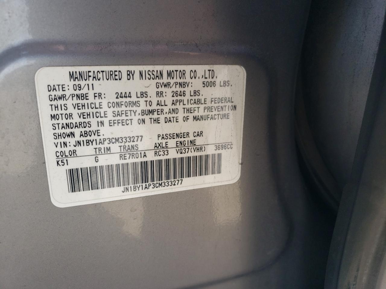 JN1BY1AP3CM333277 2012 Infiniti M37