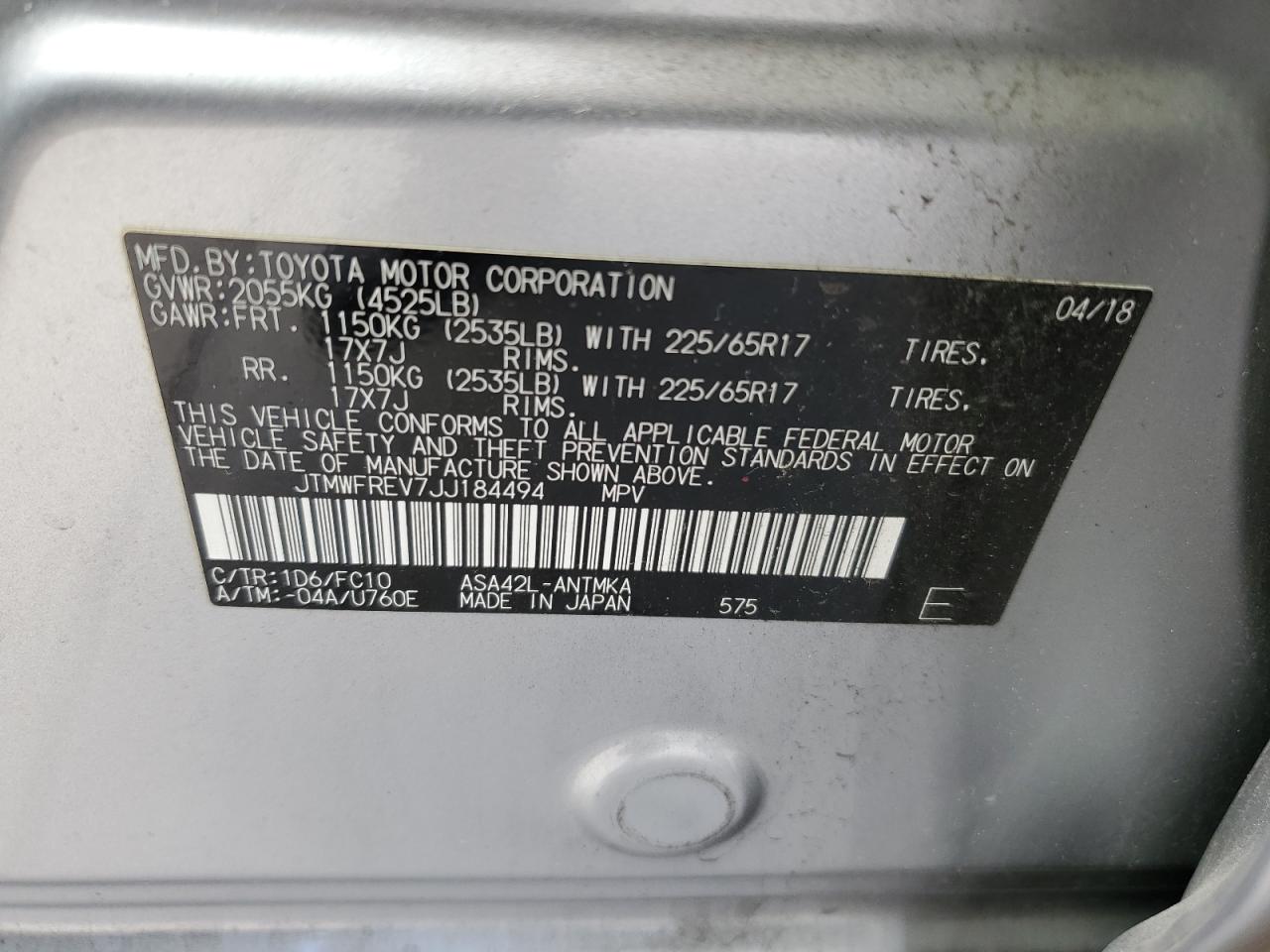 JTMWFREV7JJ184494 TOYOTA RAV4 2018
