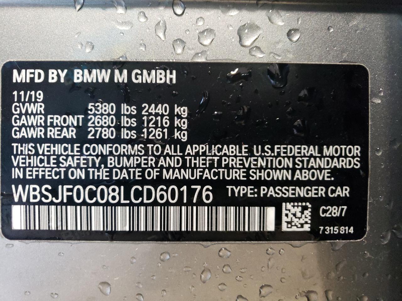 WBSJF0C08LCD60176 2020 BMW M5 Base