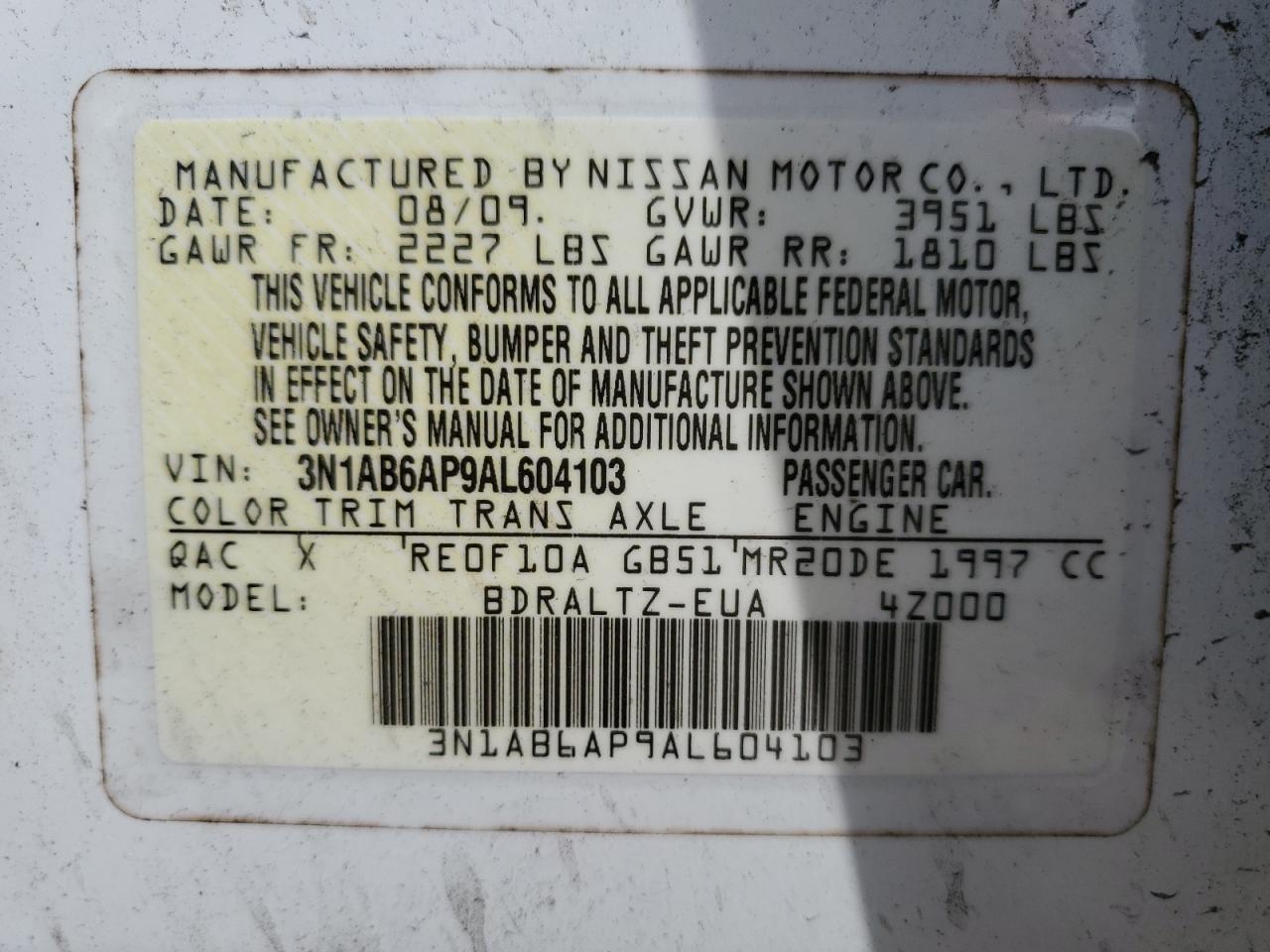 3N1AB6AP9AL604103 2010 Nissan Sentra 2.0