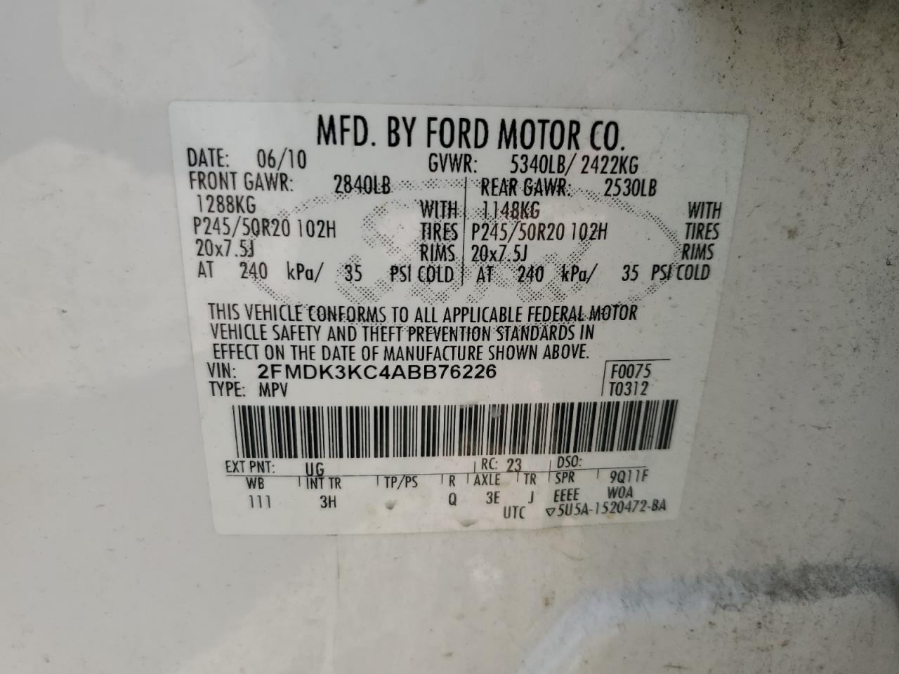 2FMDK3KC4ABB76226 2010 Ford Edge Limited