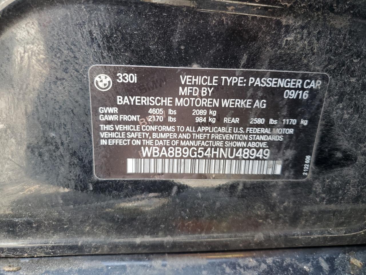 wba8b9g54hnu48949 WBA8B9G54HNU48949 2017 BMW 330 I