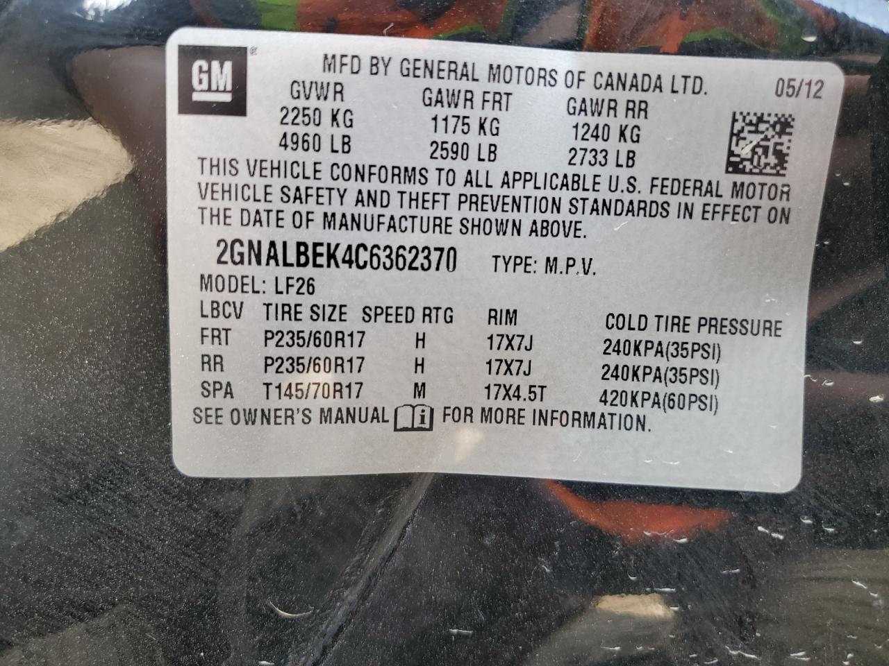 2GNALBEK4C6362370 2012 Chevrolet Equinox Ls