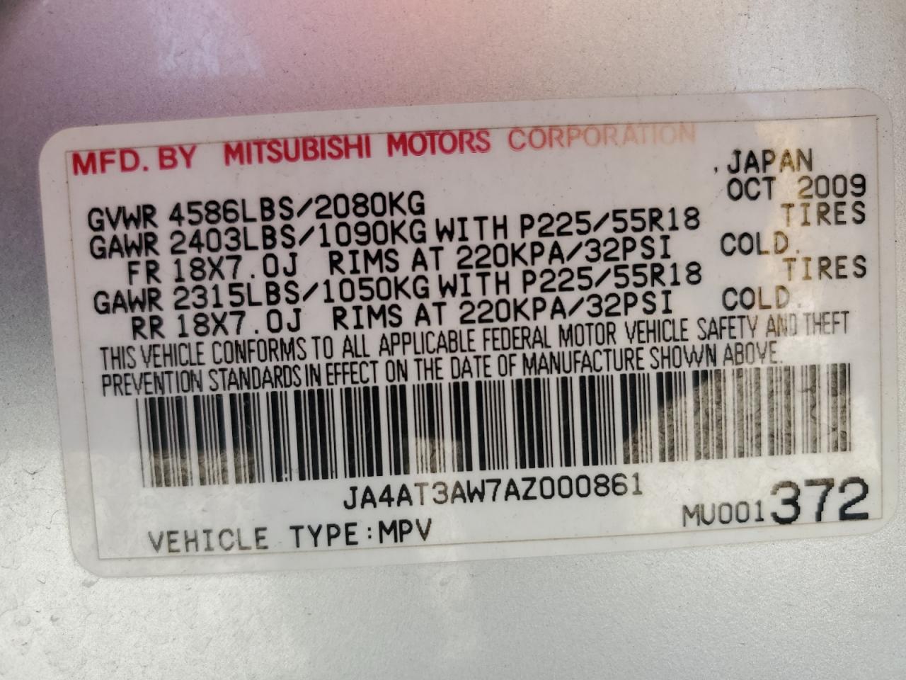 JA4AT3AW7AZ000861 2010 Mitsubishi Outlander Se