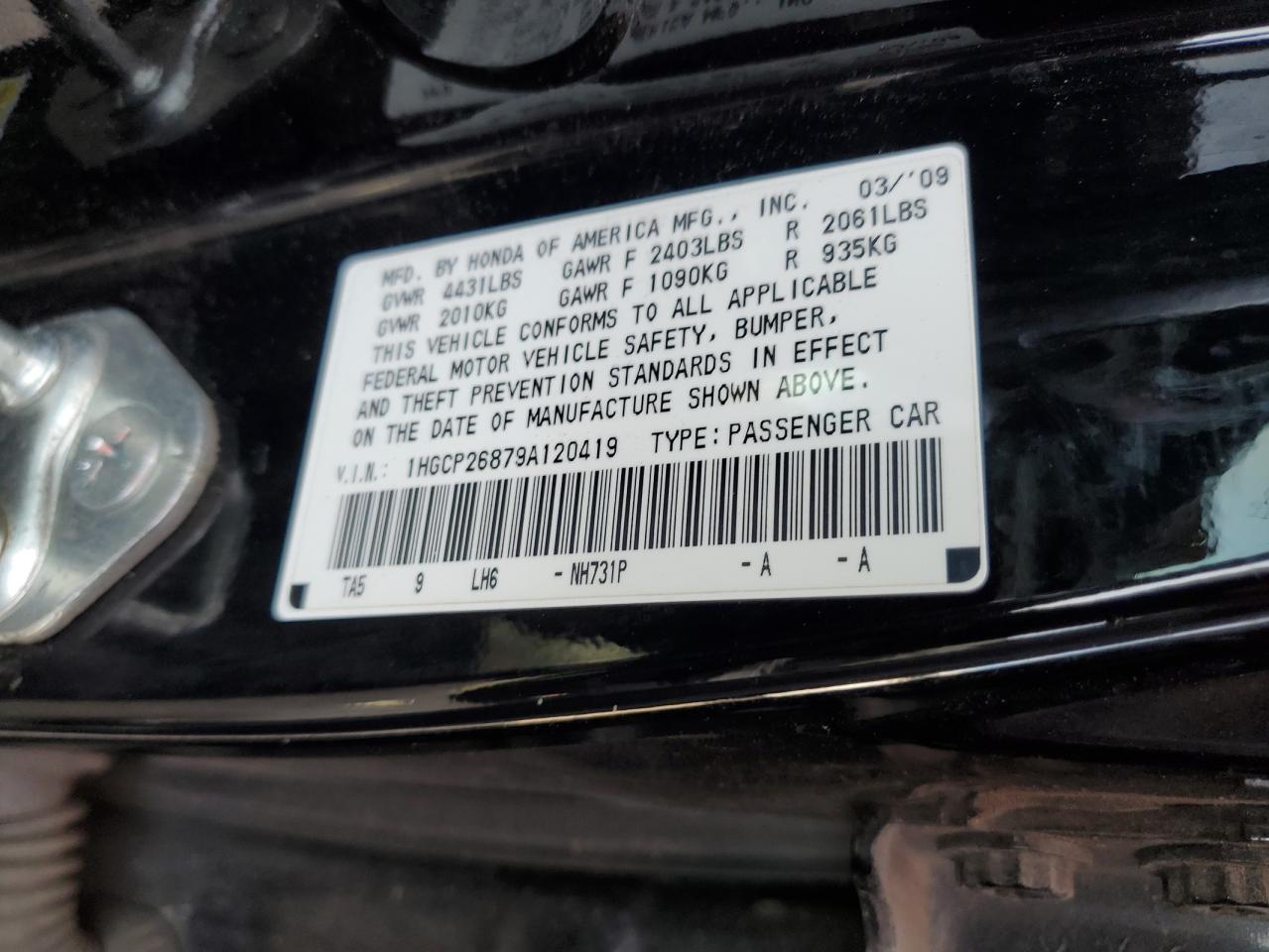 1HGCP26879A120419 2009 Honda Accord Exl