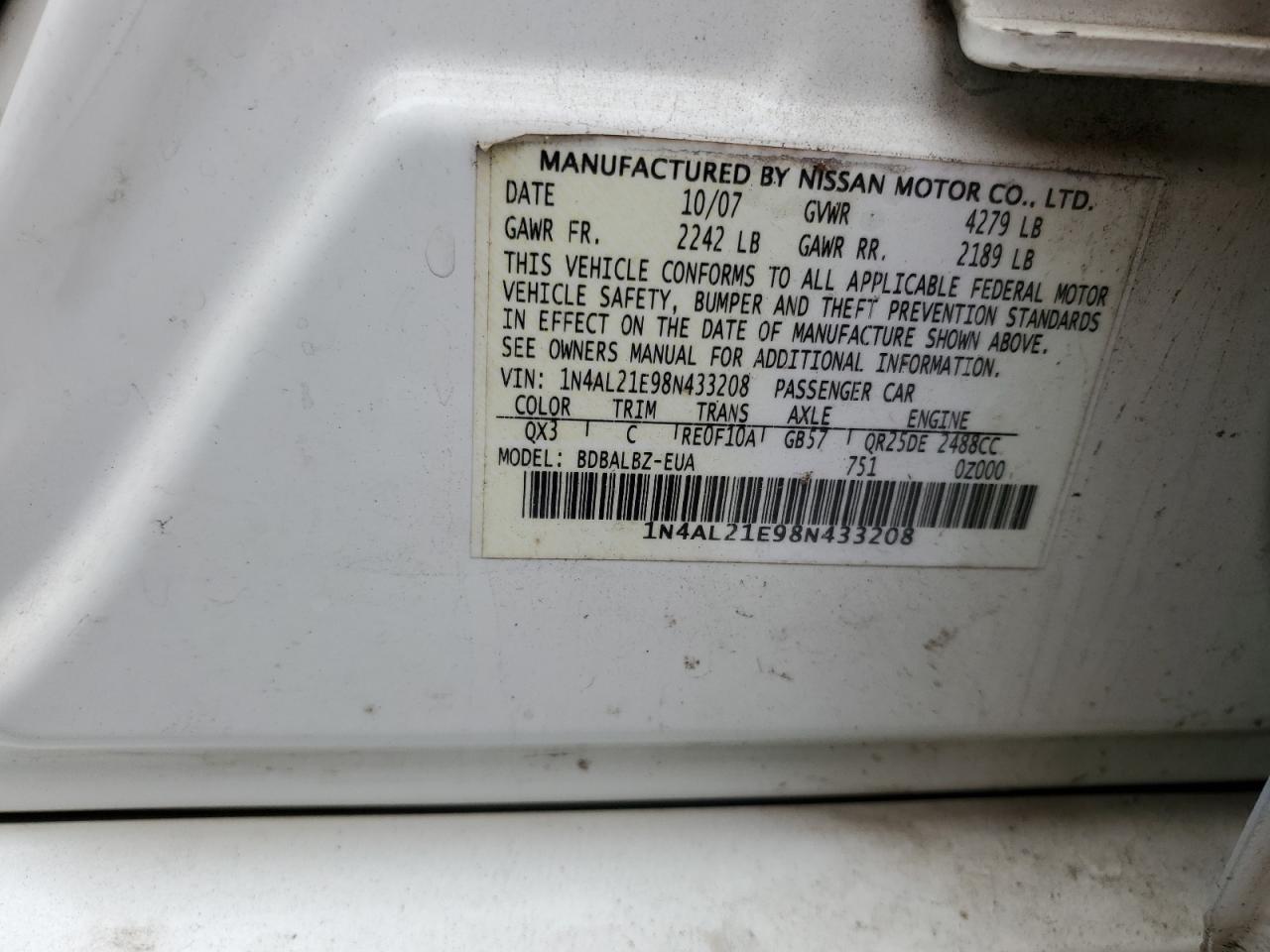 1N4AL21E98N433208 2008 Nissan Altima 2.5