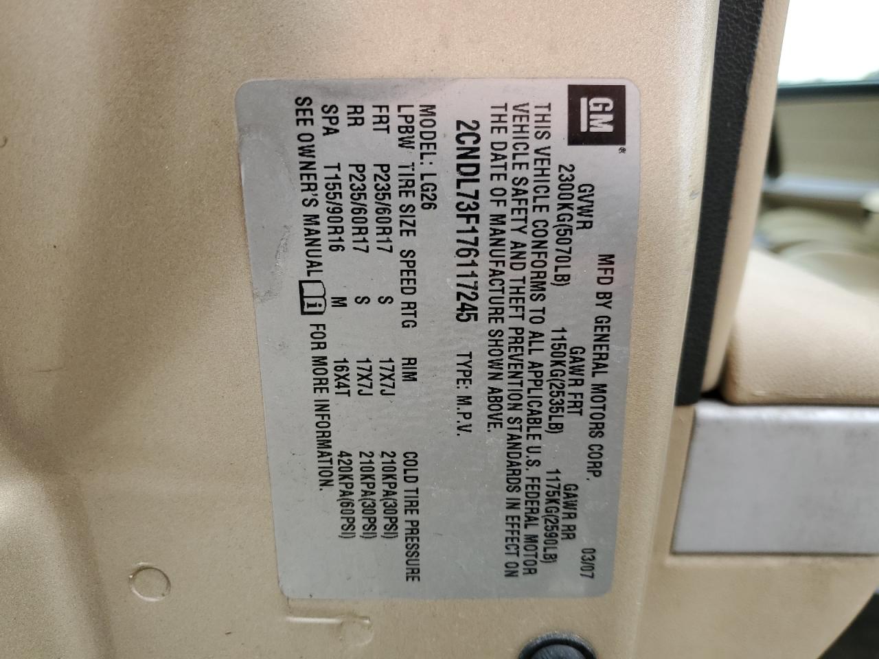 2CNDL73F176117245 2007 Chevrolet Equinox Lt