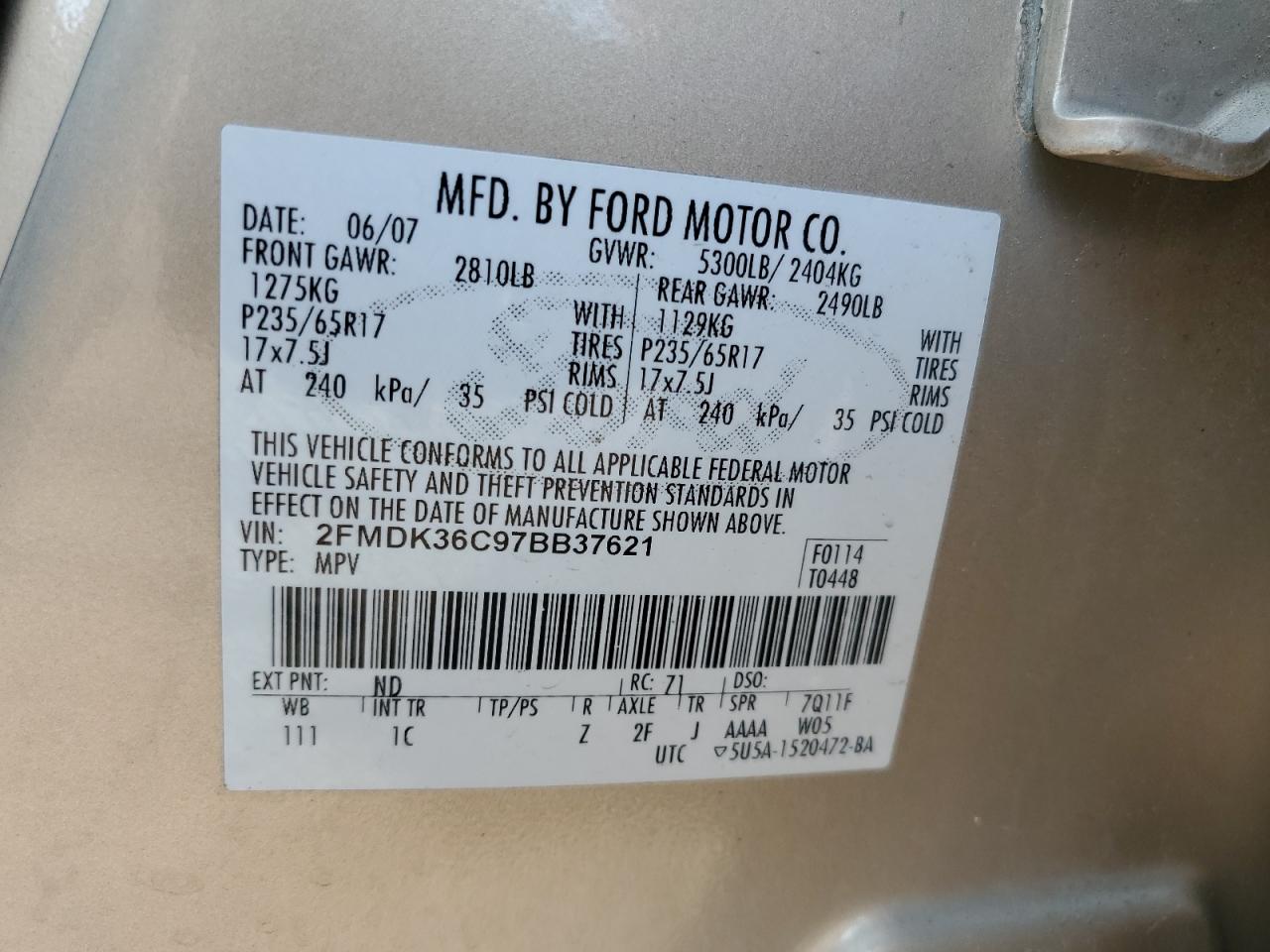 2FMDK36C97BB37621 2007 Ford Edge Se