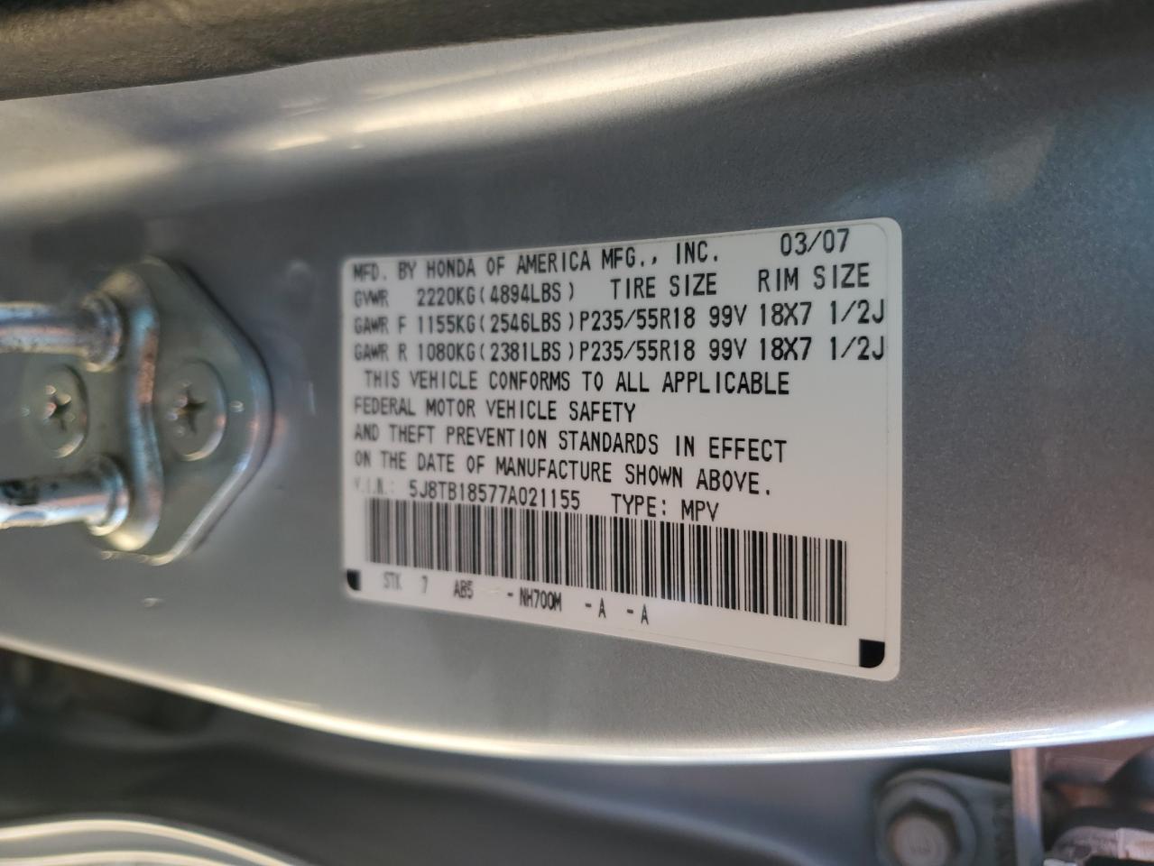 5J8TB18577A021155 2007 Acura Rdx Technology