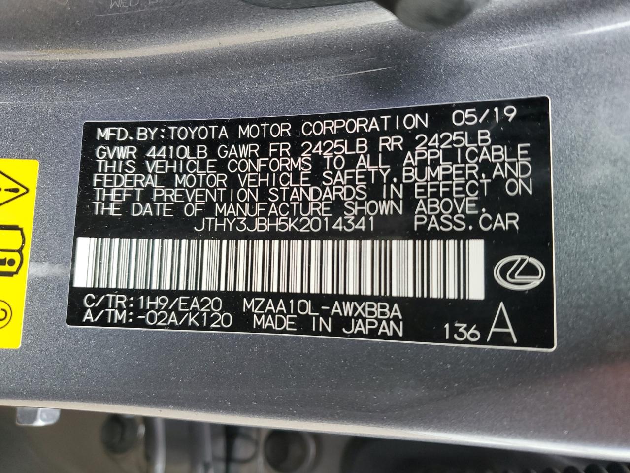 2019 Lexus Ux 200 2.0L(VIN: JTHY3JBH5K2014341