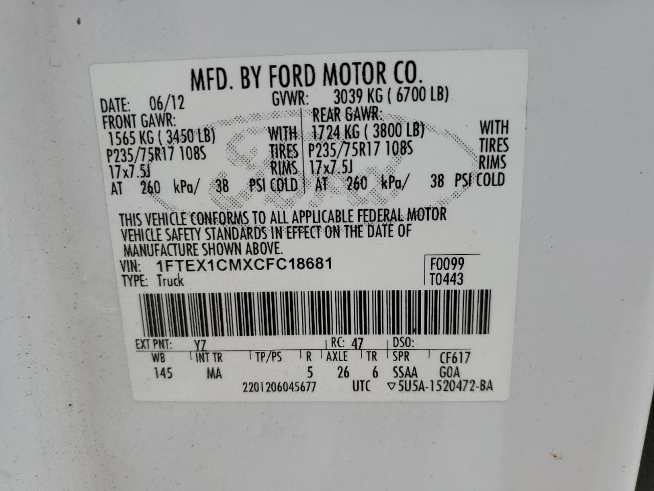 1FTEX1CMXCFC18681 2012 Ford F150 Super Cab