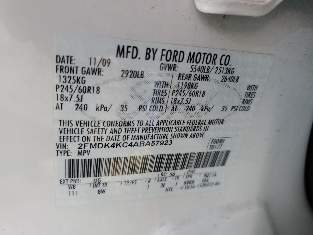 2FMDK4KC4ABA57923 2010 Ford Edge Limited