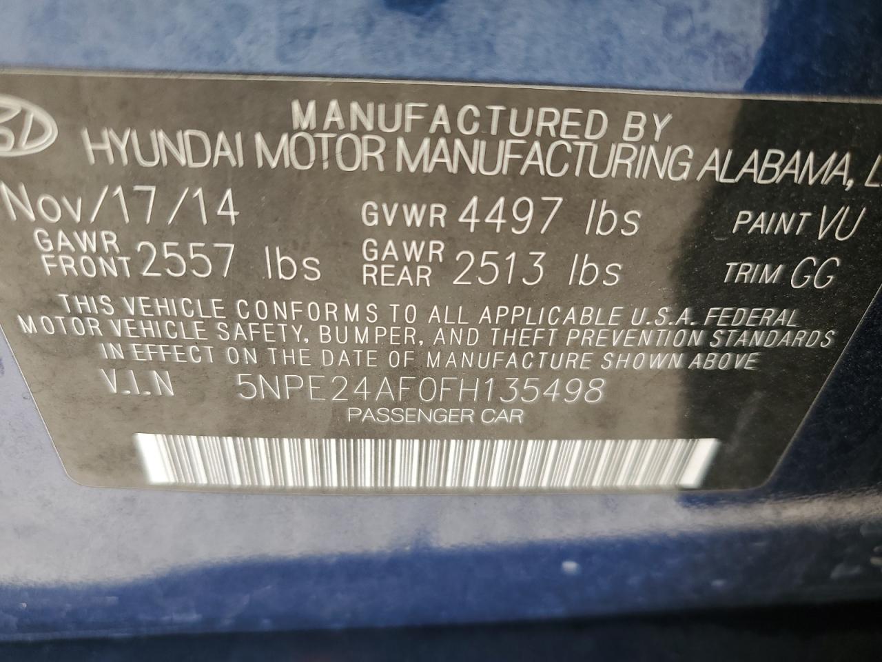 5NPE24AF0FH135498 2015 Hyundai Sonata Se