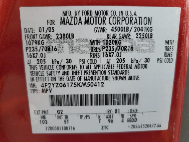 2005 Mazda Tribute S VIN: 4F2YZ06175KM50412 Lot: 47867164