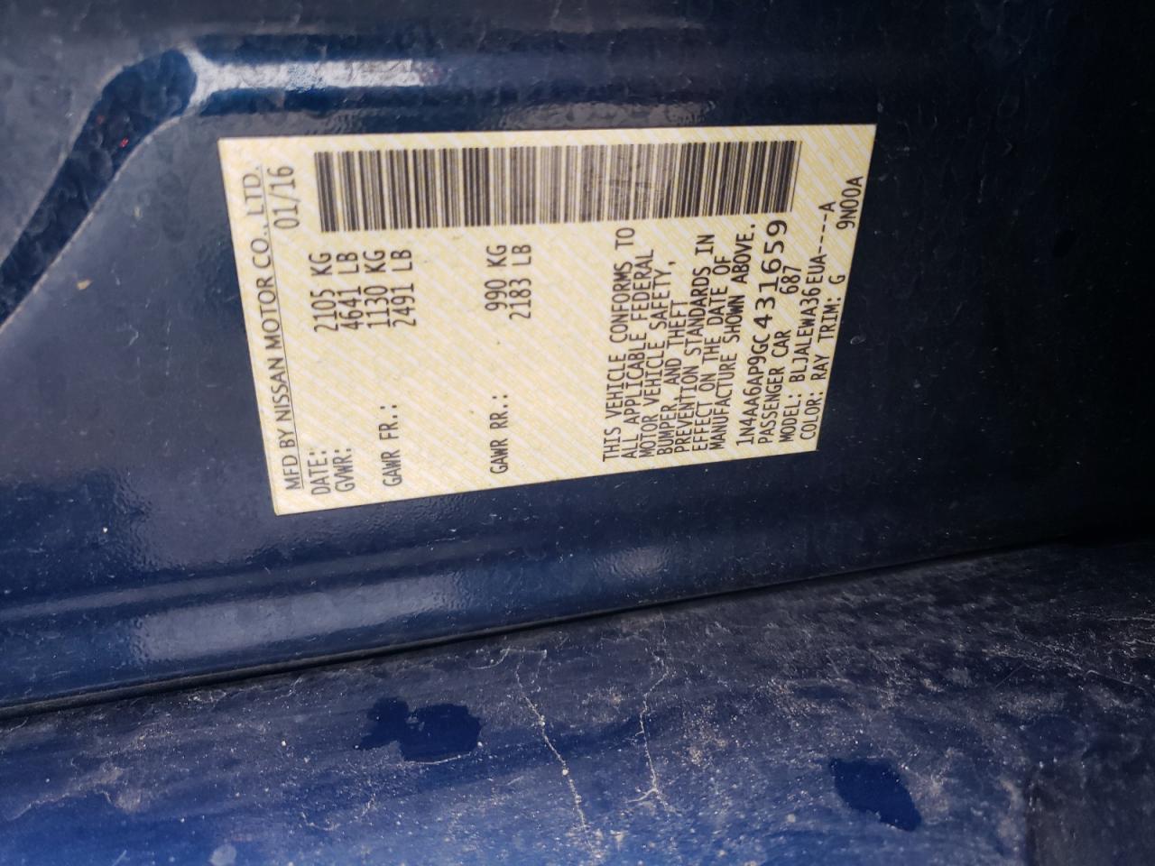 1N4AA6AP9GC431659 NISSAN MAXIMA 2016