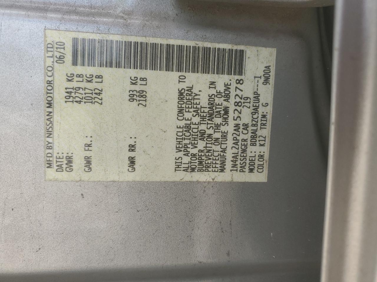 1N4AL2AP2AN528278 2010 Nissan Altima Base