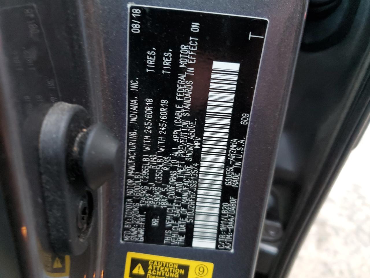 5TDJZRFH7JS913574 TOYOTA HIGHLANDER 2018