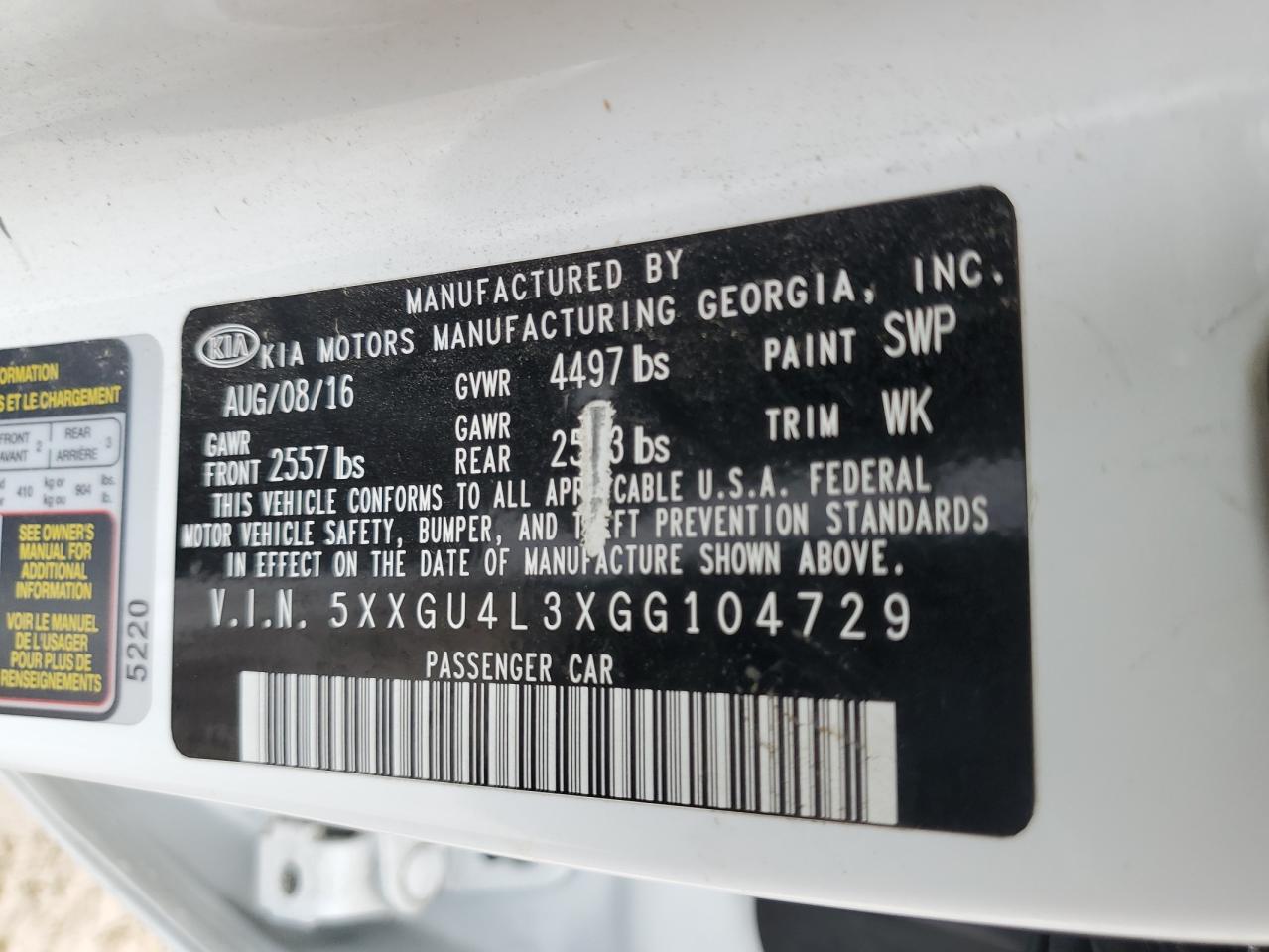 5XXGU4L3XGG104729 2016 Kia Optima Ex