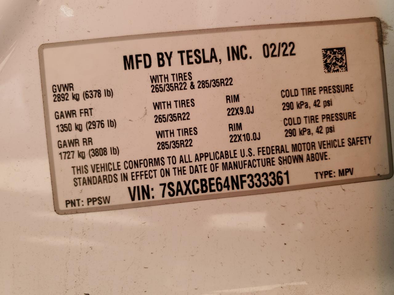 2022 Tesla Model X vin: 7SAXCBE64NF333361