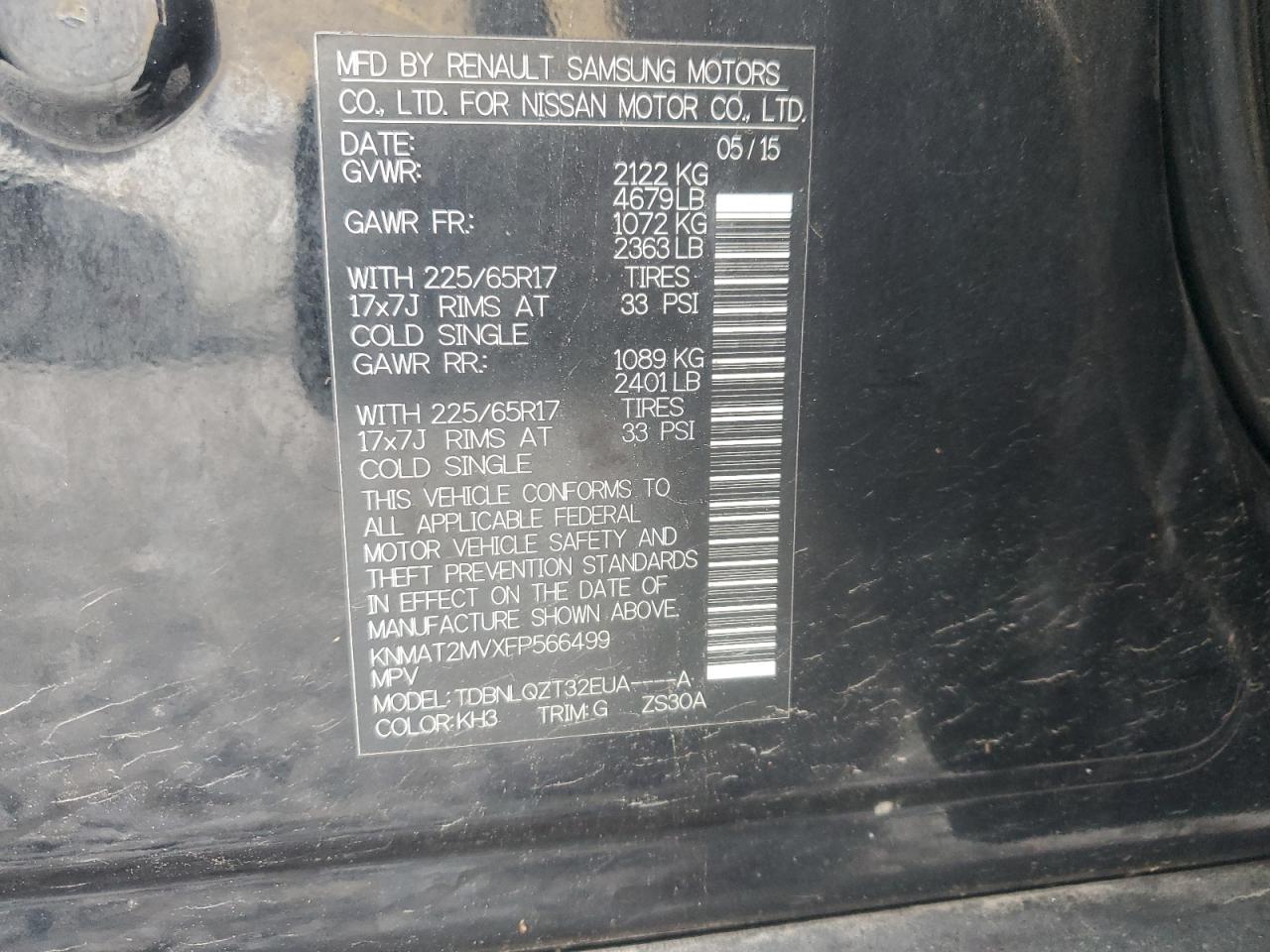 KNMAT2MVXFP566499 2015 Nissan Rogue S