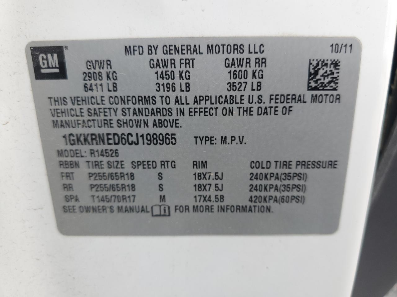 1GKKRNED6CJ198965 2012 GMC Acadia Sle