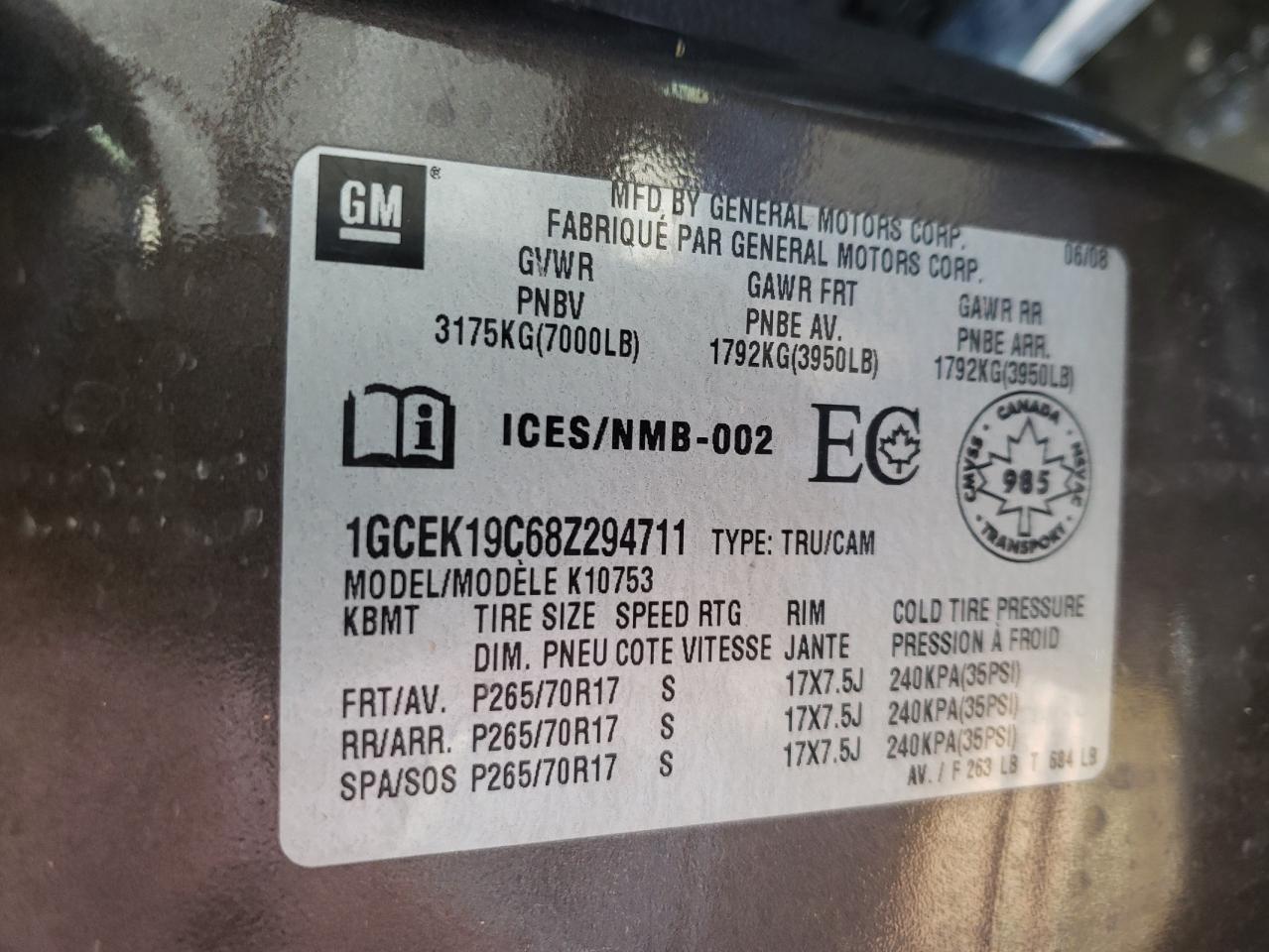 1GCEK19C68Z294711 2008 Chevrolet Silverado K1500