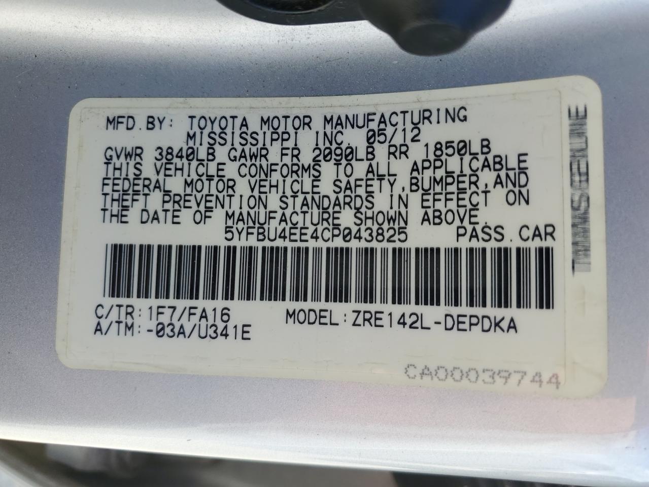 5YFBU4EE4CP043825 2012 Toyota Corolla Base