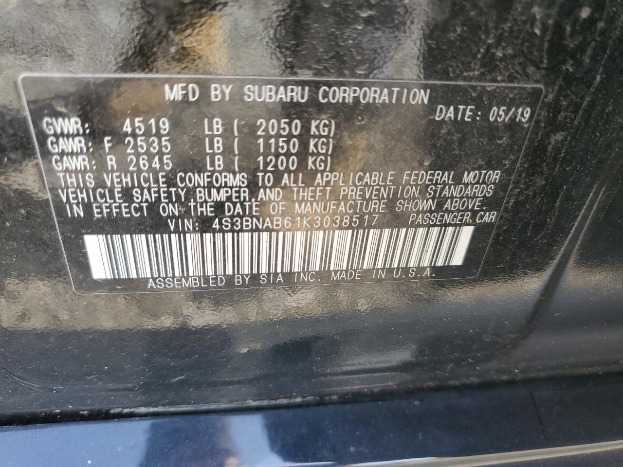 4S3BNAB61K3038517 2019 Subaru Legacy 2.5I