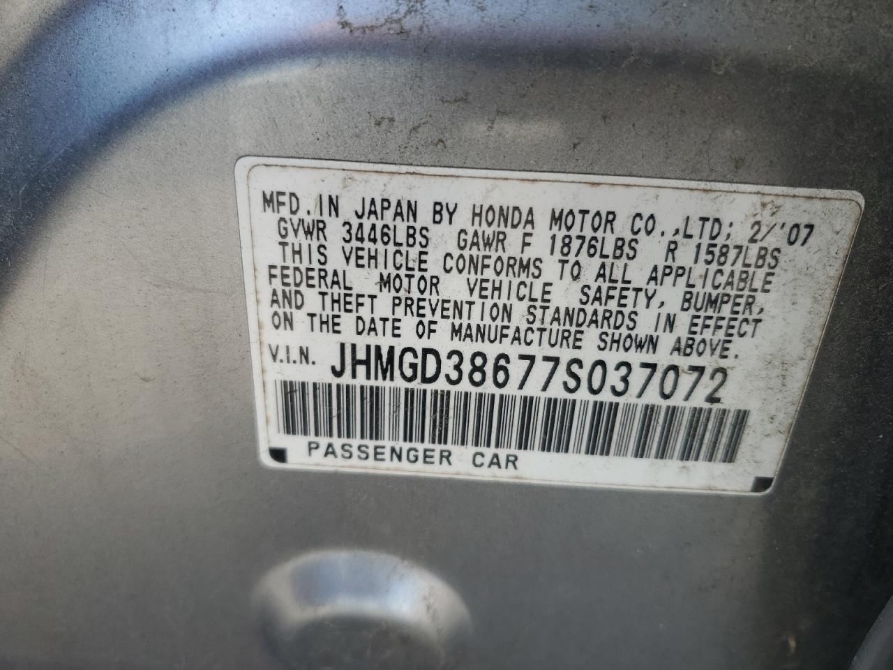 JHMGD38677S037072 2007 Honda Fit S