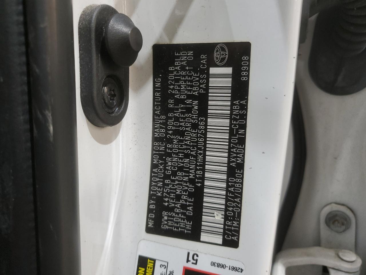 4T1B11HKXJU675863 TOYOTA CAMRY 2018