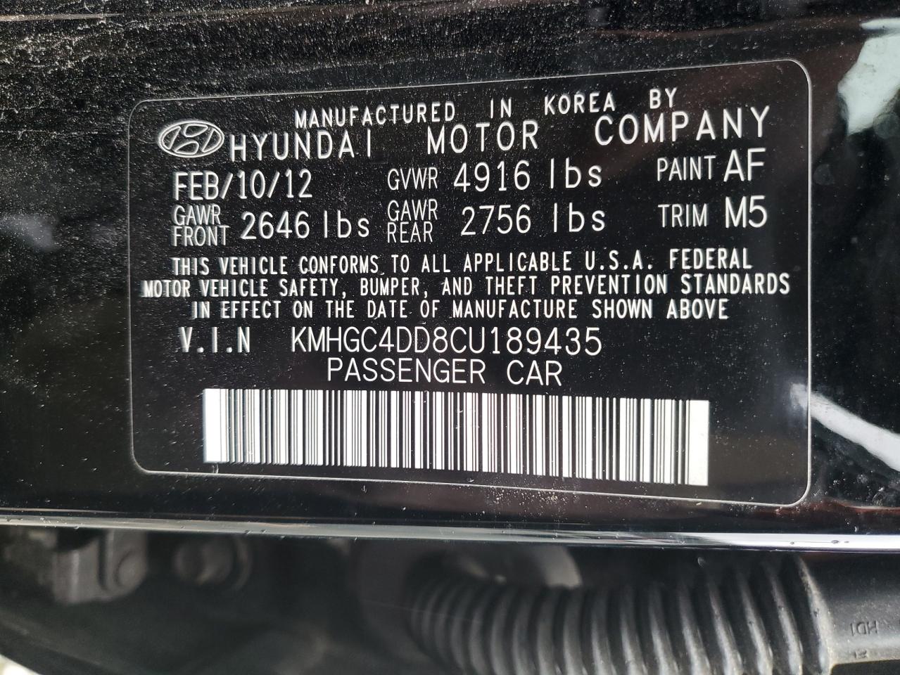 KMHGC4DD8CU189435 2012 Hyundai Genesis 3.8L