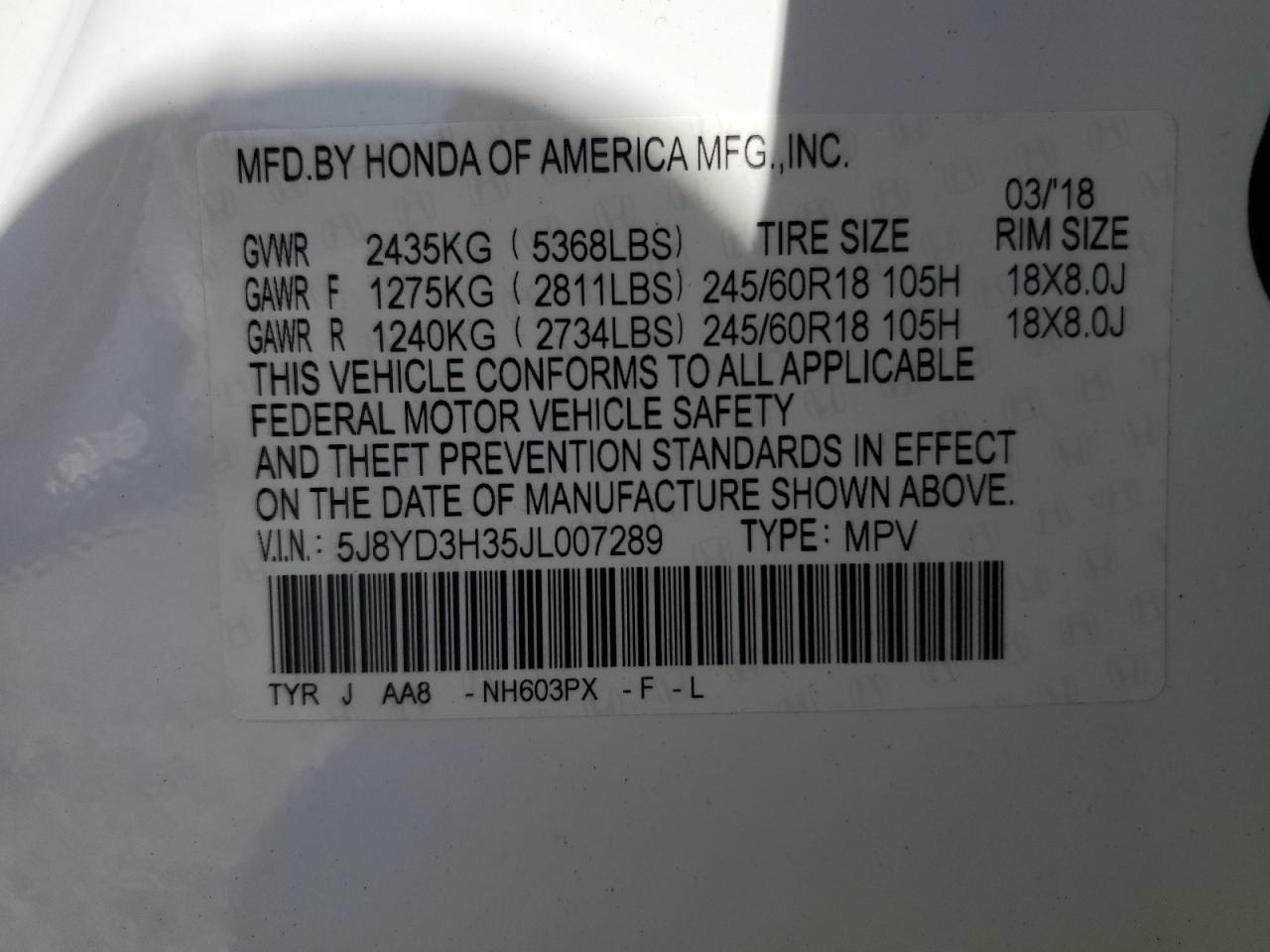 5J8YD3H35JL007289 2018 Acura Mdx
