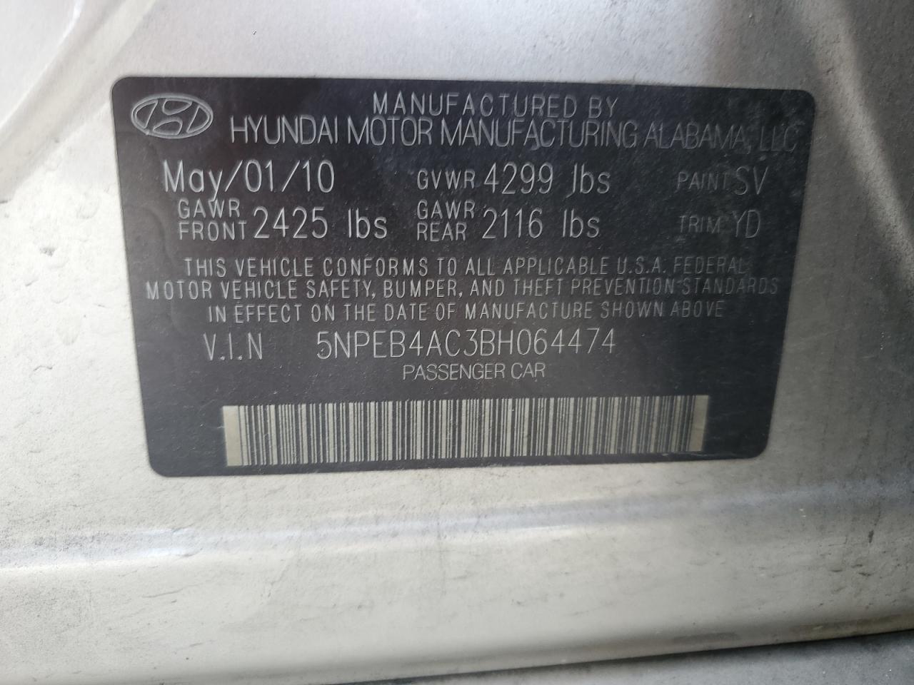 5NPEB4AC3BH064474 2011 Hyundai Sonata Gls