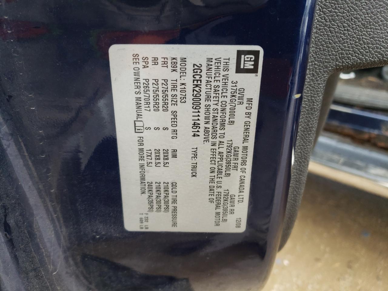 2GCEK290091114614 2009 Chevrolet Silverado K1500 Lt