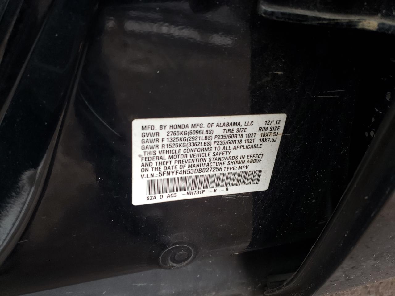 5FNYF4H53DB027256 2013 Honda Pilot Exl