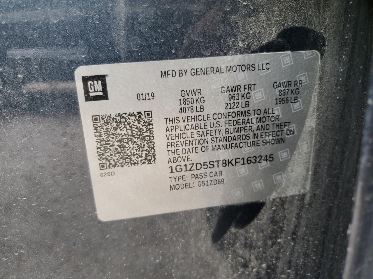 2019 Chevrolet Malibu Lt 1.5L(VIN: 1G1ZD5ST8KF163245
