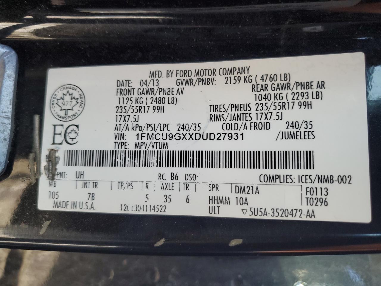 1FMCU9GXXDUD27931 2013 Ford Escape Se