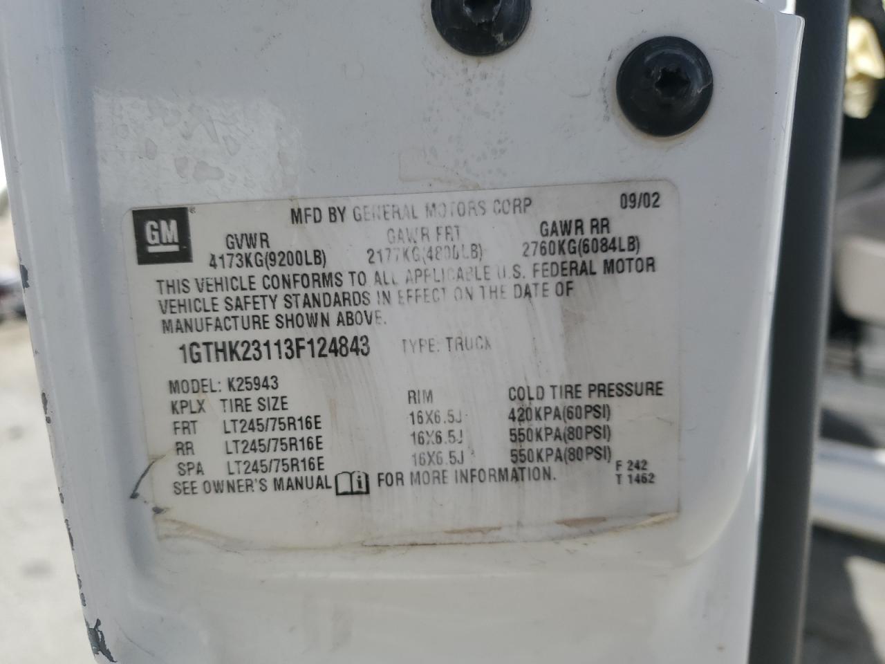 1GTHK23113F124843 2003 GMC Sierra K2500 Heavy Duty