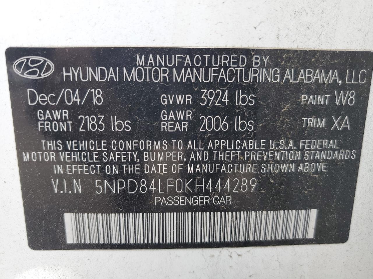 5NPD84LF0KH444289 2019 Hyundai Elantra Sel