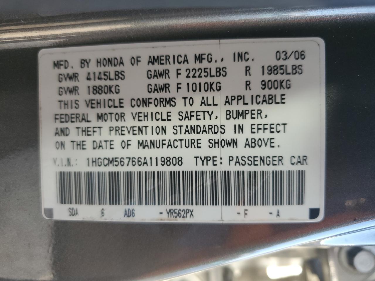 1HGCM56766A119808 2006 Honda Accord Ex